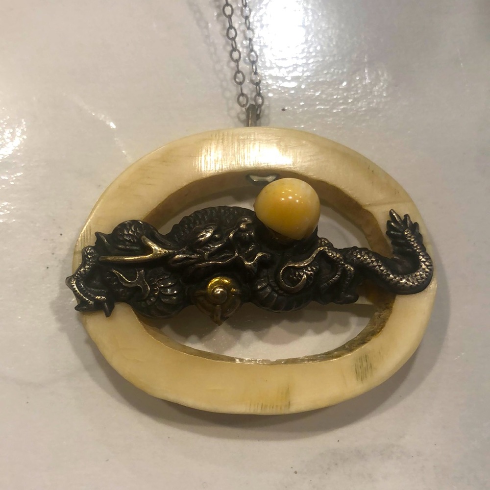 Antique japanese menuki and antler bone pendant necklace dragon